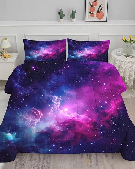 Galaxy Bedding Twin Size Purple Outer Space Comforter Set for Girls Boys Kids Children Bedroom Dorm Quilt 1 Comforter + 1 Pillow Case - LeafyLoom