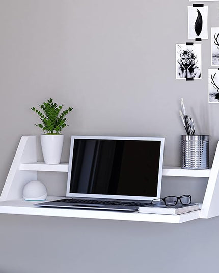 Reversible Wall Desk, White Floating Desk with Wall Mounted Shelf for Computer, Home, Office, Bedroom, Living, Kitchen and Study - L - LeafyLoom