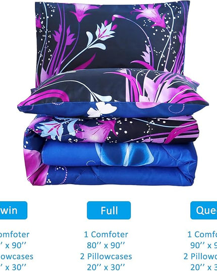 WINLIFE Butterfly Comforter Set Queen Size, 3Pcs Pink Purple Blue Black Animals Butterflies Floral Bedding Set for Girls Women, Soft Bed Set All Season Lightweight Down Alternative - LeafyLoom