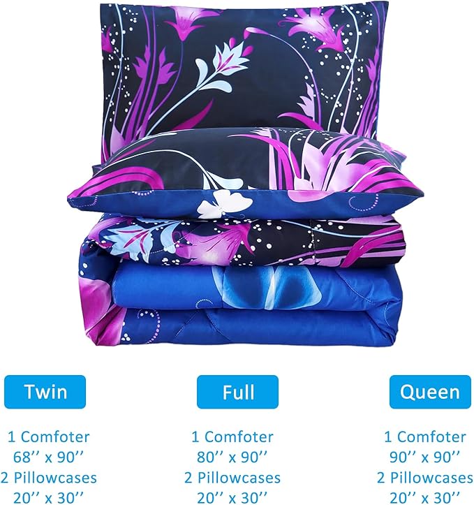 WINLIFE Butterfly Comforter Set Queen Size, 3Pcs Pink Purple Blue Black Animals Butterflies Floral Bedding Set for Girls Women, Soft Bed Set All Season Lightweight Down Alternative - LeafyLoom