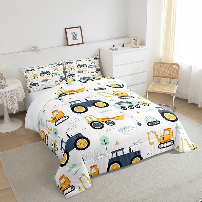 Tractor Comforter Set Queen, Cartoon Truck Bedding Set for Boys Girls Teens, Construction Tractor Down Comforter, Bulldozer Crane Equipment Duvet Set, Kawaii Vehicle Car Theme Comforter, Yellow Blue - LeafyLoom