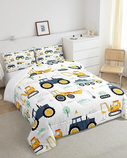 Boys Cartoon Car Bedding Set King, Excavator Tractor Comforter Set for Kids Teens, Equipment Trucks Quilted Duvet, Heavy Machinery Construction Bedding Comforter Sets with 2 Pillowcases Bedroom Decor - LeafyLoom