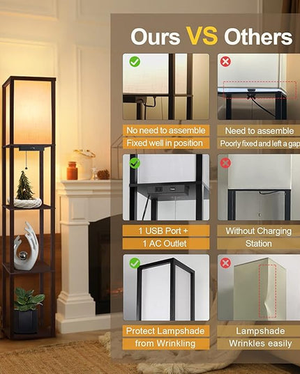 OUTON Floor Lamp with Shelves, LED Shelf Floor Lamp with USB & Type C Ports, 1 AC Outlet, 3 Color Temperature, Storage Display Wood Column Tall Standing Lamp for Living Room, Bedroom Office, Walnut - LeafyLoom