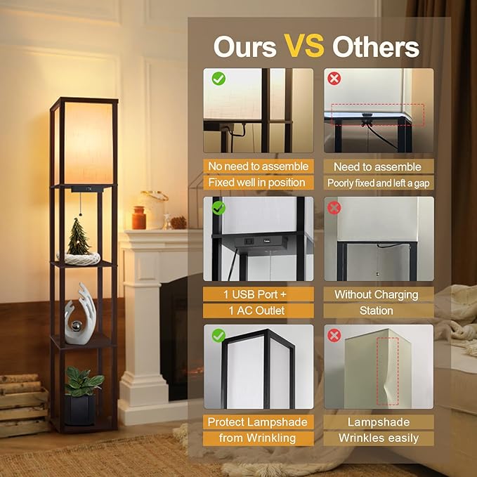 OUTON Floor Lamp with Shelves, LED Shelf Floor Lamp with USB & Type C Ports, 1 AC Outlet, 3 Color Temperature, Storage Display Wood Column Tall Standing Lamp for Living Room, Bedroom Office, Walnut - LeafyLoom