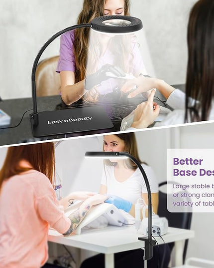 EASYINBEAUTY 8X Magnifying Glass with Light and Stand, 5 Color Modes & 9-Level Dimmable, 2-in-1 LED Magnifying Desk Lamp with Clamp, Gooseneck Magnifying Light for Crafts Hands Free, Close Work, Read - LeafyLoom