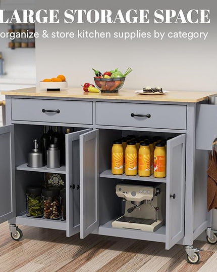 Large Kitchen Island On Wheels with Storage 54in Width Mobile Moveable Portable Rolling Wood Island for Kitchen Dining Room with Drawers Cabinet Spice Rack Towel Rack - LeafyLoom