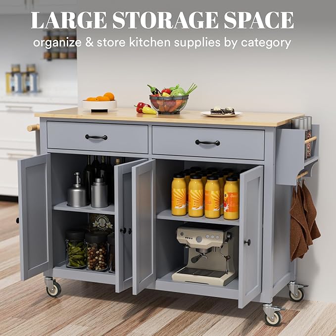 Large Kitchen Island On Wheels with Storage 54in Width Mobile Moveable Portable Rolling Wood Island for Kitchen Dining Room with Drawers Cabinet Spice Rack Towel Rack - LeafyLoom