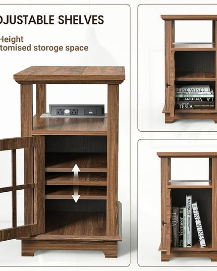 HIFYOBRO Narrow End Table with Flip Top Charging Station and Storage Cabinet, Type-C & USB port & Power outlets, Adjustable Shelf, Narrow Side Table with Storage for Living Room and Bedroom - LeafyLoom