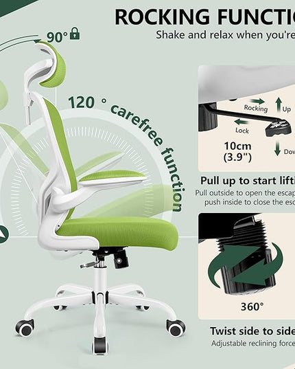 FelixKing Premium Ergonomic Office Chair with Adjustable Headrest, Thickened 90° Flip Armrests, and Lumbar Support – Height Adjustable | Ideal for Home Office Desks and Workstations | Green - LeafyLoom