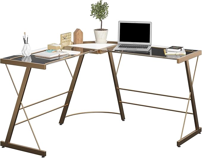 Ameriwood Home Odin Glass L-Shaped Computer Desk, Gold - LeafyLoom