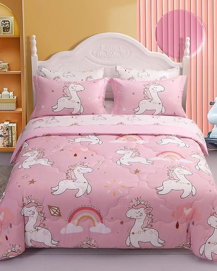 Wajade Kids Pink Unicorn Comforter Set Bed in A Bag Full Size 7 Piece Cute Unicorn Rainbow Clouds Bedding Set for Girls (1 Comforter, 1 Flat Sheet, 1 Fitted Sheet, 2 Pillowcase and 2 Pillow Sham) - LeafyLoom