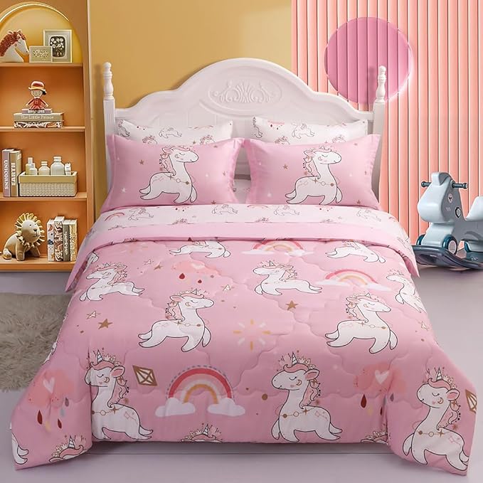 Wajade Kids Pink Unicorn Comforter Set Bed in A Bag Full Size 7 Piece Cute Unicorn Rainbow Clouds Bedding Set for Girls (1 Comforter, 1 Flat Sheet, 1 Fitted Sheet, 2 Pillowcase and 2 Pillow Sham) - LeafyLoom