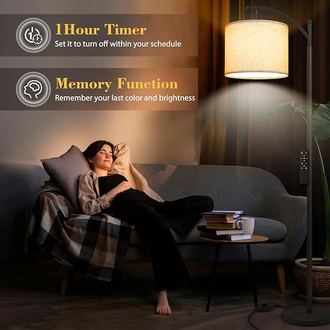 PESRAE Arc Floor Lamp with Remote Control, 9W/1000LM Stepless 3000K-6000K LED Bulb Included, Standing Lamp with Tall lamp with Adjustable Linen Lampshade for Bedroom,Living Room - LeafyLoom