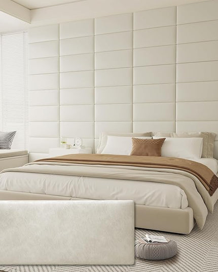 Queen Headboard, Wall Mounted Peel and Stick Headboard, Upholstered Leather Bed Headboard for Queen Size Bed, Floating Dorm Bedroom Tall Headboard Soundproof Wall Panels (9 Panels, 10"x24") - LeafyLoom