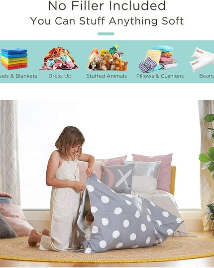 Aubliss Stuffed Animal Storage Bean Bag Chair Cover, 50"x 35" Extra Large Bean Bags for Kids & Adults, Beanbag Toy Storage for Boys Girls - Premium Cotton Canvas Grey Dot - LeafyLoom