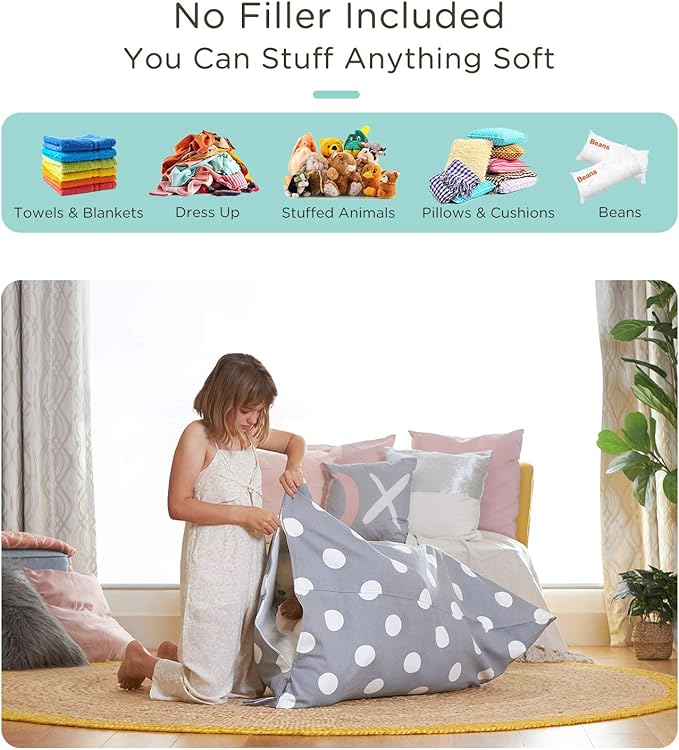 Aubliss Stuffed Animal Storage Bean Bag Chair Cover, 50"x 35" Extra Large Bean Bags for Kids & Adults, Beanbag Toy Storage for Boys Girls - Premium Cotton Canvas Grey Dot - LeafyLoom