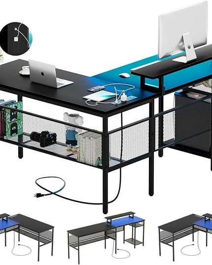 Reversible L Shaped Computer Desk with Magic Power Outlet and Smart LED Light, 55 Inch Large Office Corner Desk with Ergonomic Monitor Stand, Gaming Table with Storage, Grid Design, Black - LeafyLoom