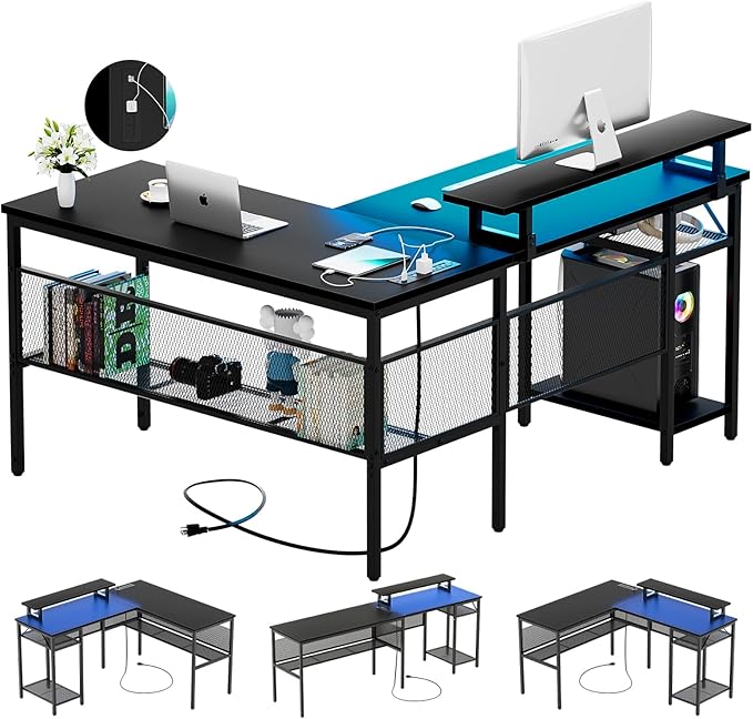 Reversible L Shaped Computer Desk with Magic Power Outlet and Smart LED Light, 55 Inch Large Office Corner Desk with Ergonomic Monitor Stand, Gaming Table with Storage, Grid Design, Black - LeafyLoom