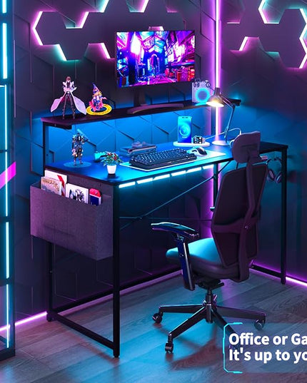 Yoobure Computer Desk with Power Outlets Fast Charging Type-C Included, Gaming Desk with LED Lights, 47" Office Desk with Adjustable Monitor Stand, Small Desk Home Office Desks with Storage Bag & Hook - LeafyLoom