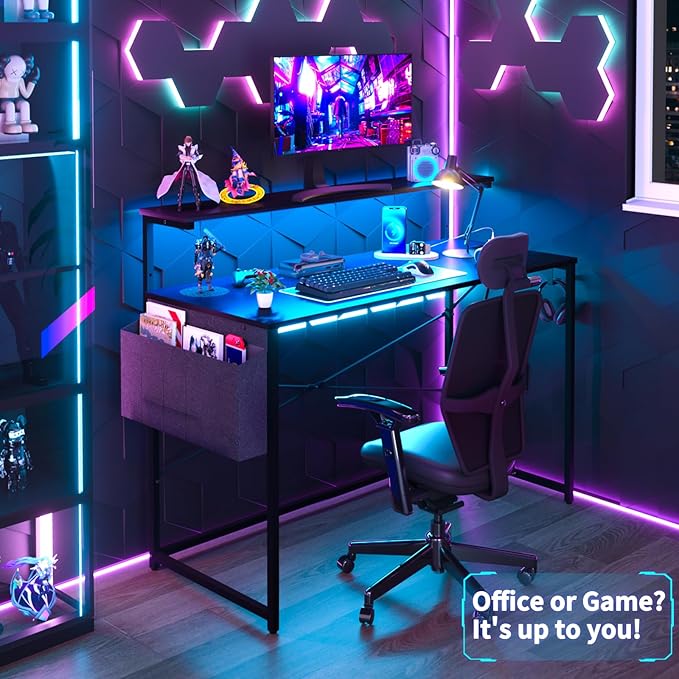 Yoobure Computer Desk with Power Outlets Fast Charging Type-C Included, Gaming Desk with LED Lights, 47" Office Desk with Adjustable Monitor Stand, Small Desk Home Office Desks with Storage Bag & Hook - LeafyLoom