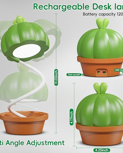 Cute Desk Lamp for Kids, Cactus Small Desk Lamps with Dimmable Touch,Rechargeable Kawaii Desk Lamp Nursery Night Lights, Desk Accessories Kawaii Room Decor for Kid Gifts (Green Cactus Lamp) - LeafyLoom