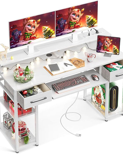 ODK Computer Desk with Drawers & Power Outlet, 48 Inch Office Desk with Keyboard Tray & Storage Shelves & PC Stand, Office Table Work Desk with Monitor Stand, White - LeafyLoom