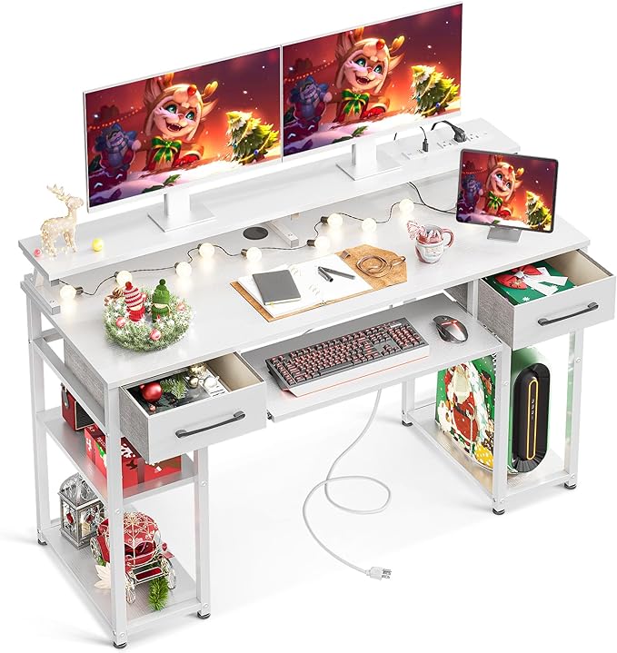 ODK Computer Desk with Drawers & Power Outlet, 48 Inch Office Desk with Keyboard Tray & Storage Shelves & PC Stand, Office Table Work Desk with Monitor Stand, White - LeafyLoom