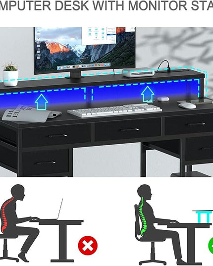 Black Computer Desk with Drawers, Gaming Desk with LED Light & Power Outlet, 47" Home Office Desk with Large Storage & Monitor Stand for Small Space - LeafyLoom
