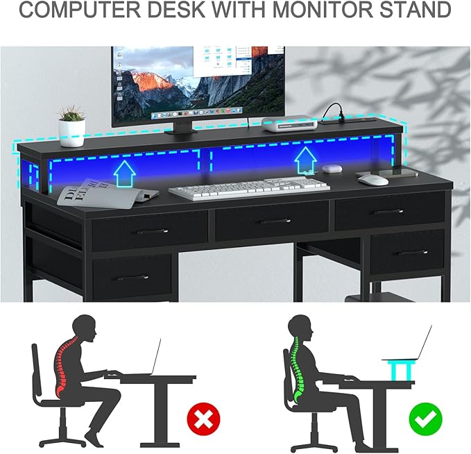 Black Computer Desk with Drawers, Gaming Desk with LED Light & Power Outlet, 47" Home Office Desk with Large Storage & Monitor Stand for Small Space - LeafyLoom