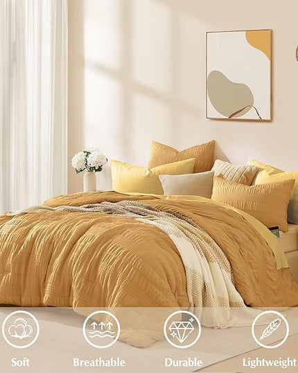 CASAAGUSTO Queen Comforter Set, 7 Pieces Mustard Yellow Seersucker Bed in a Bag Queen Size Soft All Seasons, Bedding Sets with Comforter, Flat Sheet, Fitted Sheet, 2 Pillow Shams, 2 Pillowcases - LeafyLoom