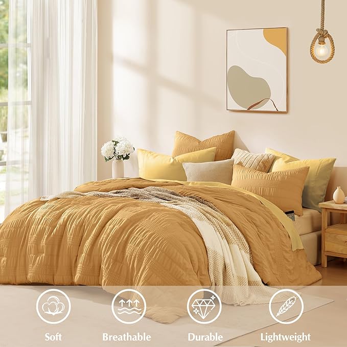 CASAAGUSTO Queen Comforter Set, 7 Pieces Mustard Yellow Seersucker Bed in a Bag Queen Size Soft All Seasons, Bedding Sets with Comforter, Flat Sheet, Fitted Sheet, 2 Pillow Shams, 2 Pillowcases - LeafyLoom
