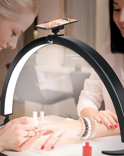 Large Half Moon LED Light for Table Nail Desk with Phone Stand, Upgrade Arch Light for Nail Techs with Wire Controller and Remote for Nails Tech Manicure - LeafyLoom