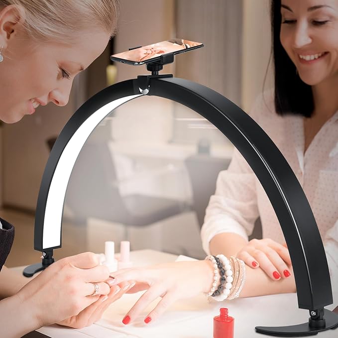 Large Half Moon LED Light for Table Nail Desk with Phone Stand, Upgrade Arch Light for Nail Techs with Wire Controller and Remote for Nails Tech Manicure - LeafyLoom