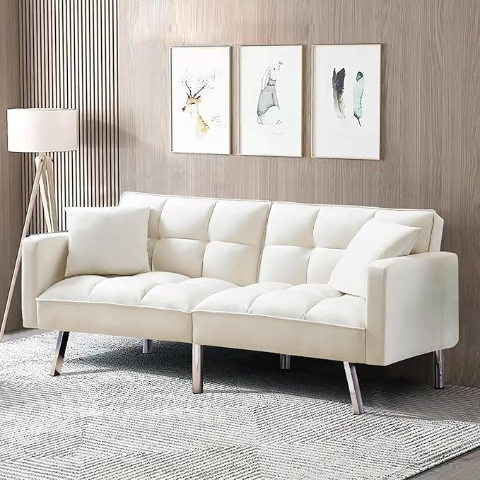 Sofa Modern Convertible Folding Lounge Couch Loveseat Daybed Living Room Furniture Sets with 2 Pillows,3 Adjustable Angles Backrest with 6 Metal Legs for Bedroom,Office-White Sofá - LeafyLoom