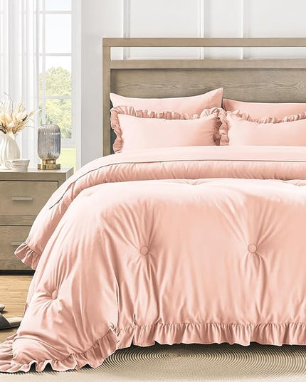 Queen Bed in a Bag 7 Pieces Comforter Set Queen, Ruffle Shabby Chic Bedding Comforter Set Pink Bed Set with Comforter, Pillowcases, Flat Sheet, Fitted Sheet and Pillow Shams - LeafyLoom