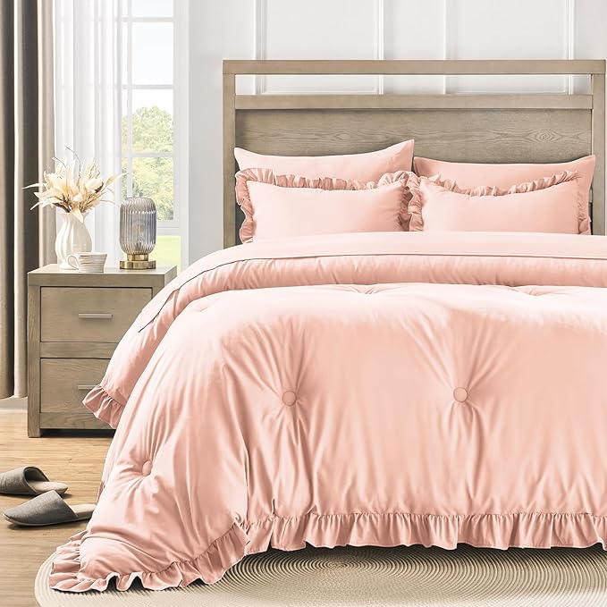 Queen Bed in a Bag 7 Pieces Comforter Set Queen, Ruffle Shabby Chic Bedding Comforter Set Pink Bed Set with Comforter, Pillowcases, Flat Sheet, Fitted Sheet and Pillow Shams - LeafyLoom
