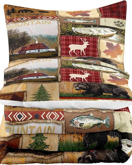 LUVIVIHOME 3PCS Cabin Comforter Set Queen Size, Bear Fish Deer Elk Moose Forest Animal Wildlife Hunting Fishing Red Buffalo Plaid Patchwork Quilt Country Lodge Rustic Farmhouse Bedding, 2 Pillow Shams - LeafyLoom