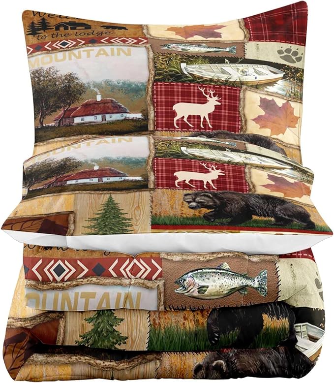 LUVIVIHOME 3PCS Cabin Comforter Set Queen Size, Bear Fish Deer Elk Moose Forest Animal Wildlife Hunting Fishing Red Buffalo Plaid Patchwork Quilt Country Lodge Rustic Farmhouse Bedding, 2 Pillow Shams - LeafyLoom