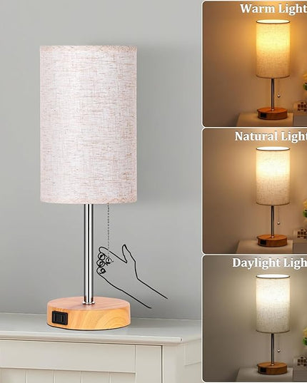 Dott Arts Table Lamp for Bedroom, 3-Color Bedside Lamps with Pull Chain, Bedroom Table Lamps for Nightstand,Small Lamp for Living Room, Bulb Included Oatmeal - LeafyLoom