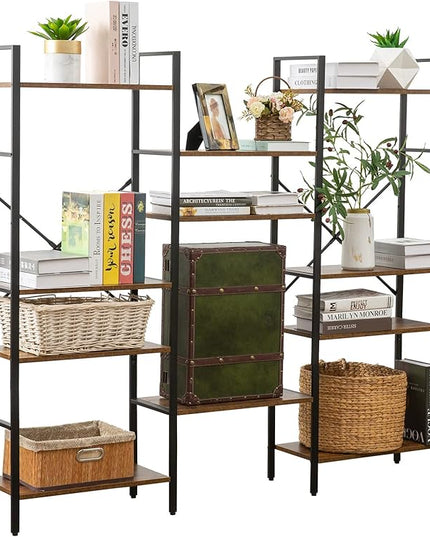 Triple Wide 4-Tier Bookshelf, Large Industrial Bookcase with 11 Open Display Shelves with Metal Frame for Living Room Bedroom Kitchen Office, Rustic Brown - LeafyLoom