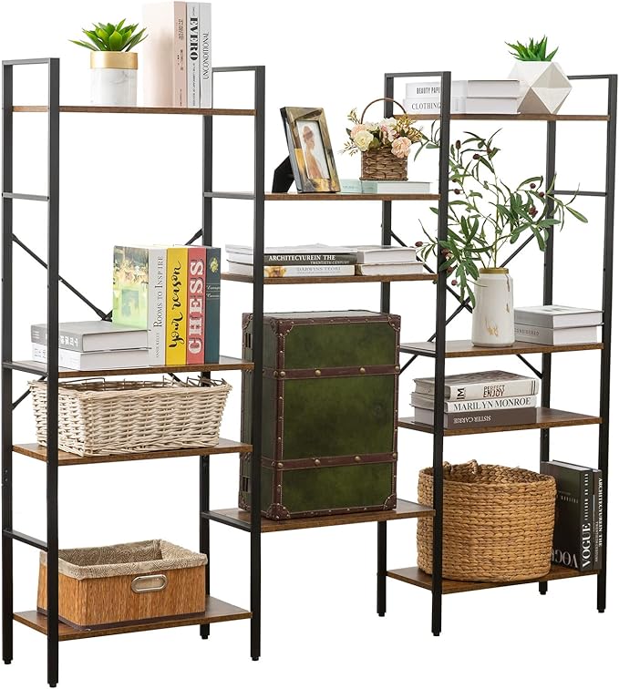 Triple Wide 4-Tier Bookshelf, Large Industrial Bookcase with 11 Open Display Shelves with Metal Frame for Living Room Bedroom Kitchen Office, Rustic Brown - LeafyLoom