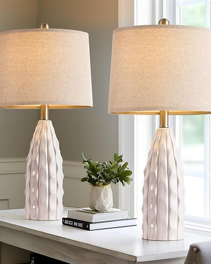23.75" Modern White Ceramic Lamps Set of 2 for Living Room Study Room Office Dorm Farmhouse Nightstand, End Table Lamps - LeafyLoom