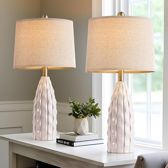 23.75" Modern White Ceramic Lamps Set of 2 for Living Room Study Room Office Dorm Farmhouse Nightstand, End Table Lamps - LeafyLoom
