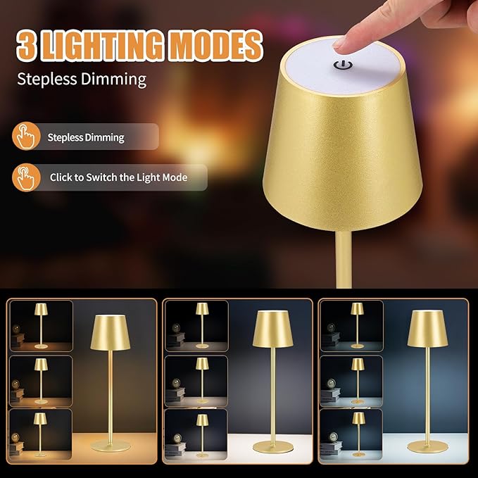 Cordless Table Lamps USB Rechargeable Simplicity Desk Lamp Built-in 4600 mAh Battery LED Battery Operated lamp with Touch Control Table lamp - Bedroom/Desk/Reading/Patio(Gold) - LeafyLoom