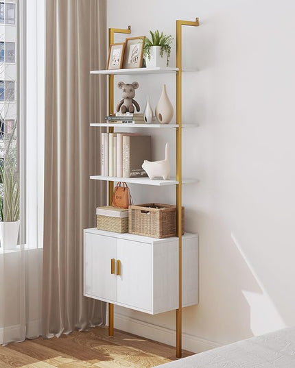 Yusong 73" Tall Bookshelf with Cabinet, Industrial Ladder Wall Mount Shelf Bookcase with Wood and Metal Frame, Plant Shelf Wall Storage Display for Living Room Bedroom, White Gold - LeafyLoom