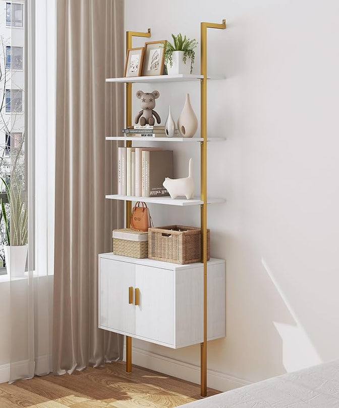 Yusong 73" Tall Bookshelf with Cabinet, Industrial Ladder Wall Mount Shelf Bookcase with Wood and Metal Frame, Plant Shelf Wall Storage Display for Living Room Bedroom, White Gold - LeafyLoom
