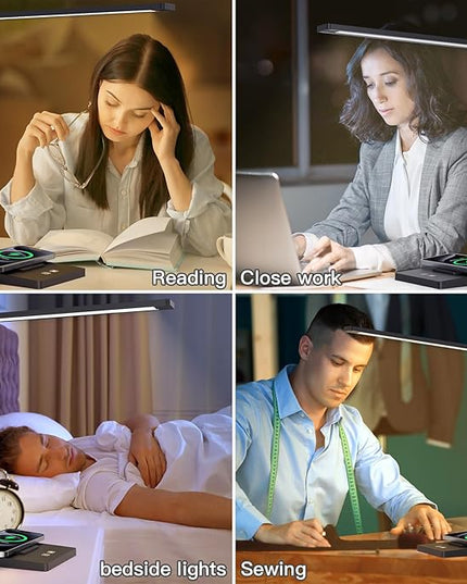 Desk Lamp with Wireless Charger USB Charging Port,LED Desk Lamps for Home Office,Small Table Lamp Study Desk Light,15 Lighting Modes,Morden Desk Lamp for College Dorm Room Essentials(Adapter Included) - LeafyLoom