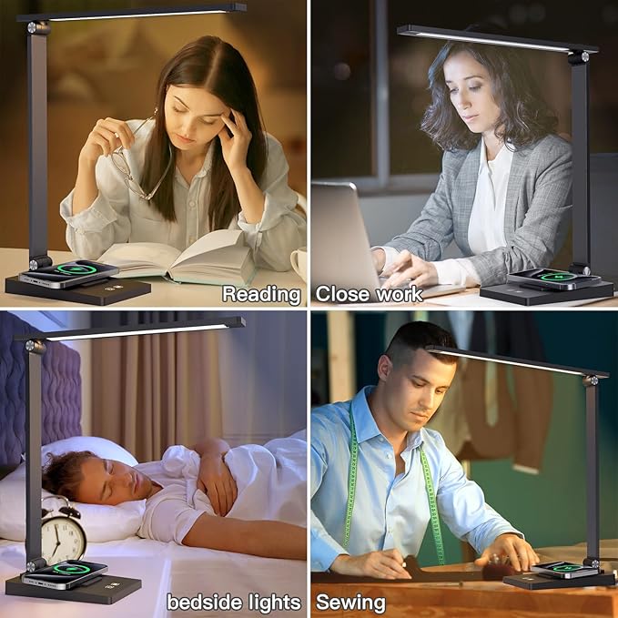 Desk Lamp with Wireless Charger USB Charging Port,LED Desk Lamps for Home Office,Small Table Lamp Study Desk Light,15 Lighting Modes,Morden Desk Lamp for College Dorm Room Essentials(Adapter Included) - LeafyLoom