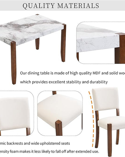 NicBex Dining Table Set for 4 Kitchen Table Set Modern 46" Faux Marble Style Table and 2 Upholstered Chairs & Bench with Wood Legs for Kitchen, Space-Saving, Off White - LeafyLoom