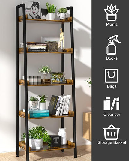 ASTARTH Ladder Shelf-5 Tier Bookshelves w/Open Shelf for Storage, Industrial Bookshelf & Tall Ladder Shelf-Metal Frame for Bedroom, Living Room, Kitchen-67.3'' H, Easy Assembly, Rustic Brown - LeafyLoom